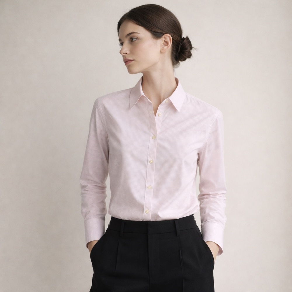 Benetton Pink White Micro Check Button Down Shirt XS 100% Cotton